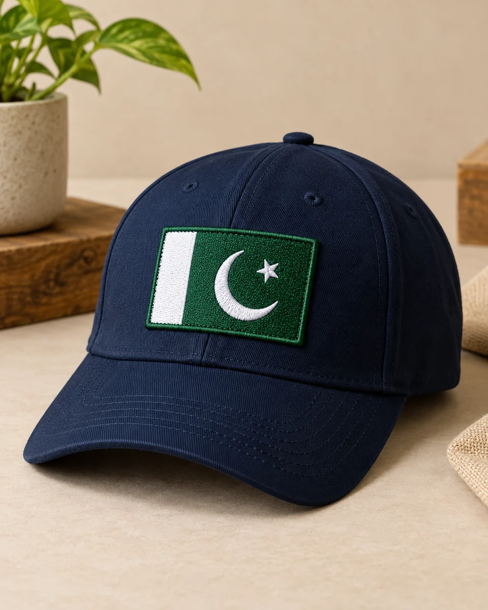 گہرے نیلے رنگ کی بیس بال کیپ پر سلا ہوا پاکستانی پرچم کا ایمبرائیڈرڈ پیچ